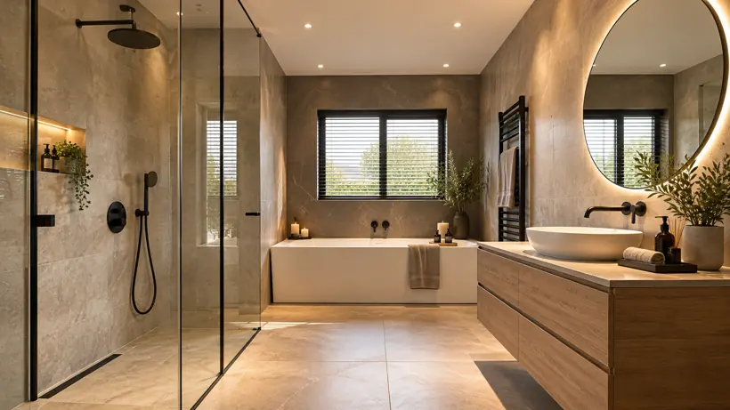 Badkamer met inloopdouche, ligbad en houten badmeubel