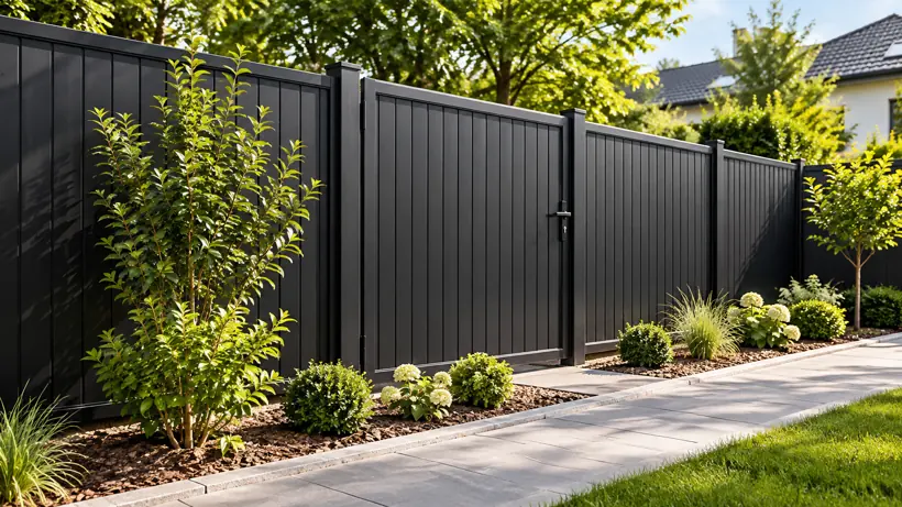 Zwarte schutting met poort en beplanting