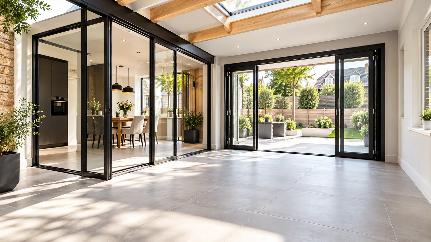 Lichte aanbouw met glazen schuifpuien naar de tuin